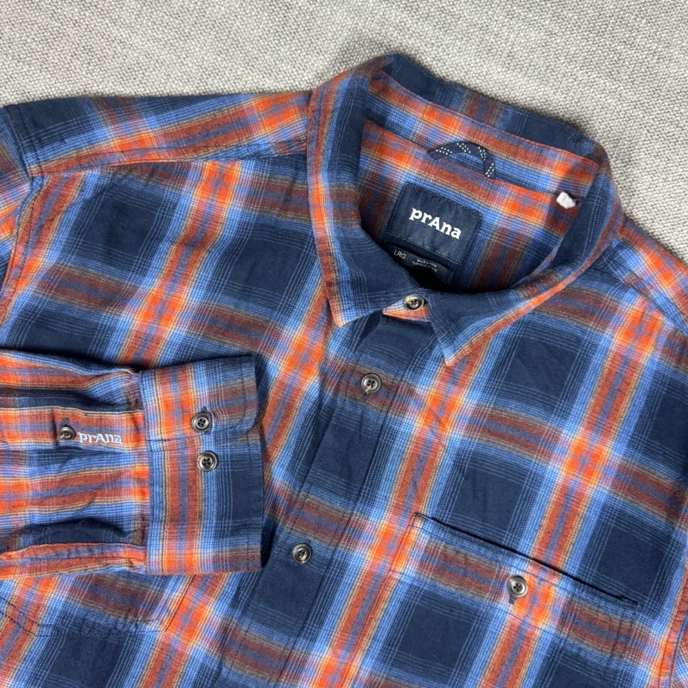 PrAna Men's Dolberg Plaid Button Down‎ Flannel Shirt Large 100% Organic Cotton
